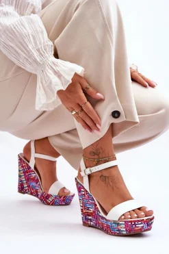 Damskie Boto Damskie Sandałki Na Kolorowym Koturnie Białe Malibu