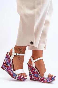 Damskie Boto Damskie Sandałki Na Kolorowym Koturnie Białe Malibu