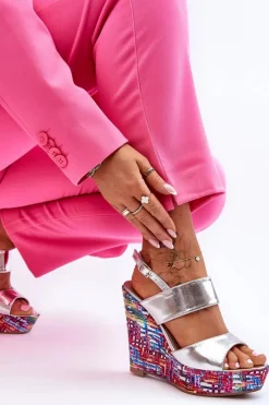 Hot Boto Damskie Sandałki Na Koturnie Srebrne Calderia Srebrny