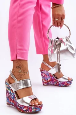 Hot Boto Damskie Sandałki Na Koturnie Srebrne Calderia Srebrny