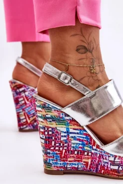 Hot Boto Damskie Sandałki Na Koturnie Srebrne Calderia Srebrny