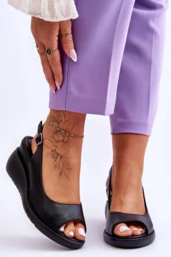 Damskie Buty Sergio Leone Damskie Sandałki Na Koturnie Sergio Leone SK853 Czarne