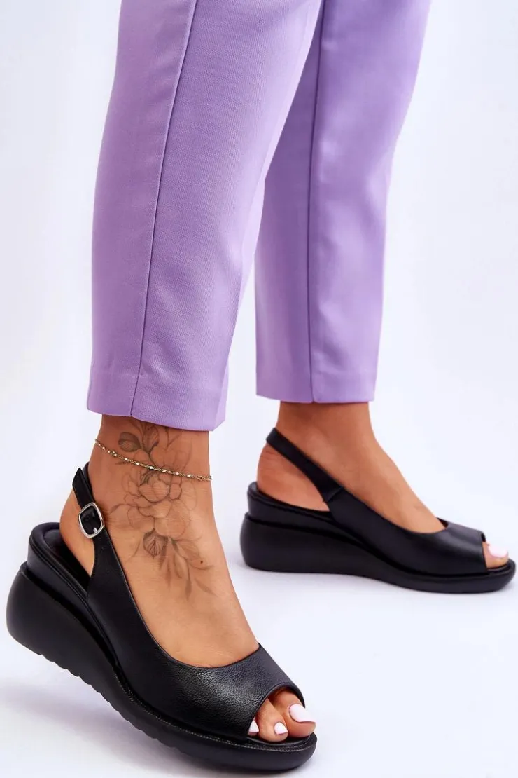 Damskie Buty Sergio Leone Damskie Sandałki Na Koturnie Sergio Leone SK853 Czarne