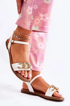 Damskie buty S.Barski Sandały Płaskie*Damskie Sandałki Na Płaskim Obcasie Z Łańcuchem Białe Minevra