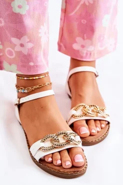 Damskie buty S.Barski Sandały Płaskie*Damskie Sandałki Na Płaskim Obcasie Z Łańcuchem Białe Minevra