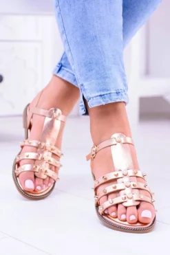 Boto Sandały Płaskie*Damskie Sandałki z Ćwiekami Aglet Różowe Złoto