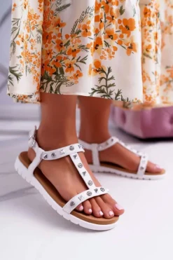 Sale Boto Damskie Sandały Białe Lu Boo z Ćwiekami Mariachi