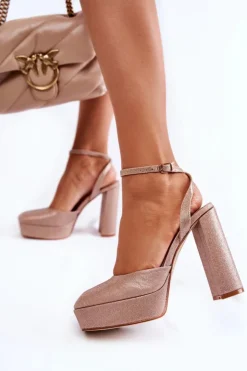 Boto Sandały Na Słupku|Sandały Na Obcasie*Damskie Sandały Brokatowe Na Słupku Złote Rosel Złoty