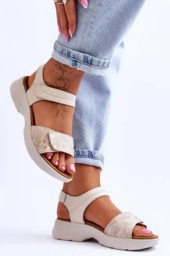 Damskie Evento Damskie Sandały Comfort Shoe Na Rzep Beżowo-Złote Grace