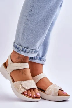 Damskie Evento Damskie Sandały Comfort Shoe Na Rzep Beżowo-Złote Grace