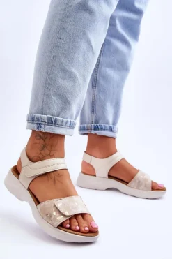 Damskie Evento Damskie Sandały Comfort Shoe Na Rzep Beżowo-Złote Grace