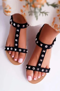 Boto Sandały Płaskie*Damskie Sandały Czarne Lu Boo z Ćwiekami Mariachi