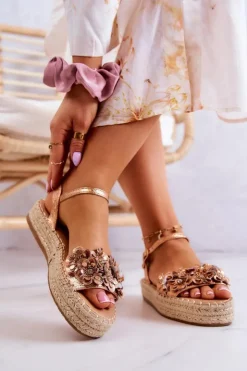 Sale Boto Damskie Sandały Espadryle Z Kwiatami Różowe Złoto Marlon