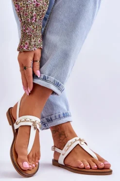 Damskie Boto Damskie Sandały Japonki Z Łańcuszkiem Białe Jessica