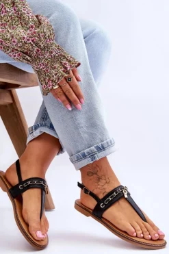 Boto Sandały Płaskie*Damskie Sandały Japonki Z Łańcuszkiem Czarne Jessica