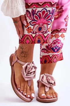 Best Boto Damskie Sandały Japonki Z Materiałową Różą Nude Carisma Różowy