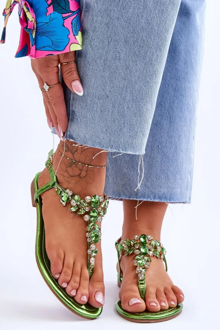 Damskie Boto Damskie Sandały Japonki Z Kamieniami Zielone Lenisa