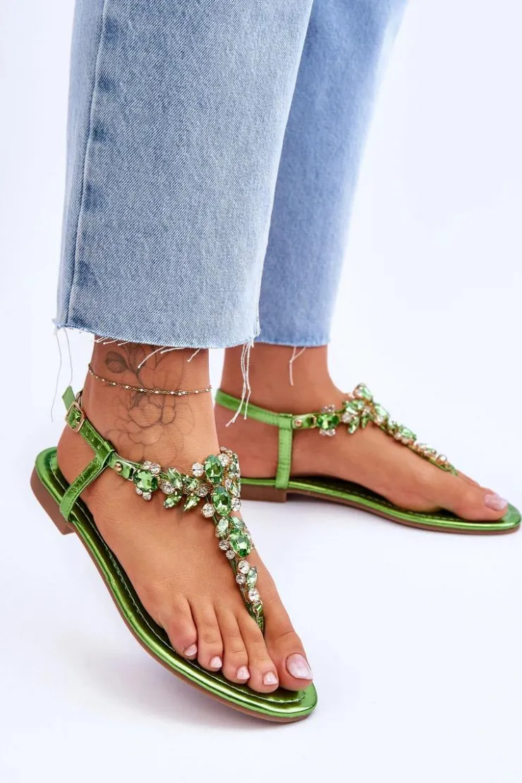 Damskie Boto Damskie Sandały Japonki Z Kamieniami Zielone Lenisa