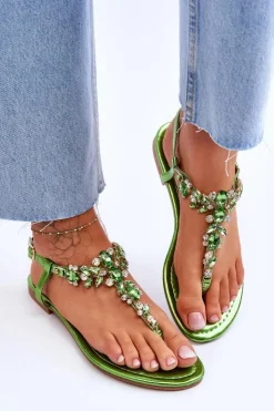 Damskie Boto Damskie Sandały Japonki Z Kamieniami Zielone Lenisa