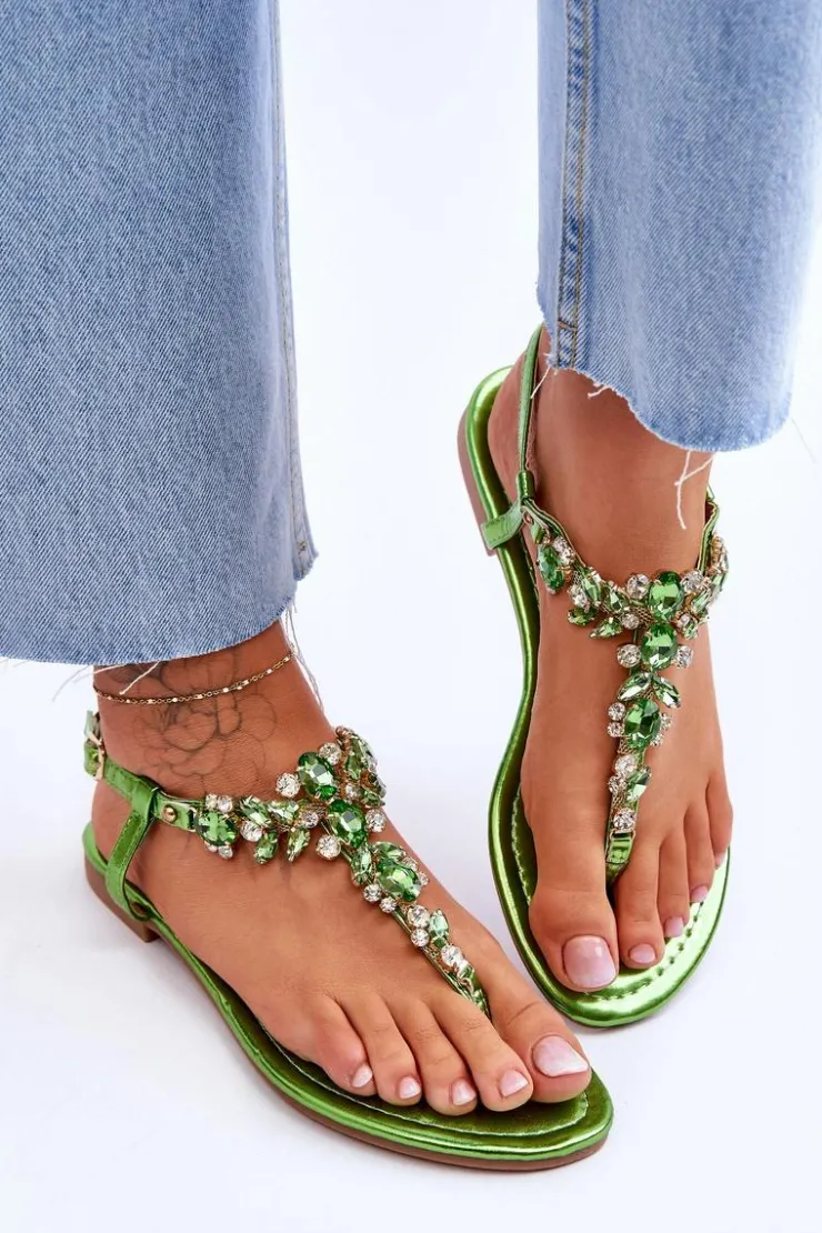 Damskie Boto Damskie Sandały Japonki Z Kamieniami Zielone Lenisa