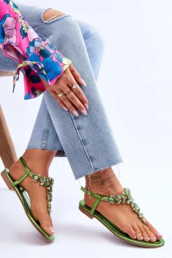 Damskie Boto Damskie Sandały Japonki Z Kamieniami Zielone Lenisa