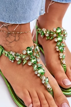 Damskie Boto Damskie Sandały Japonki Z Kamieniami Zielone Lenisa