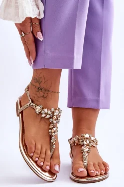 Boto Sandały Płaskie*Damskie Sandały Japonki Z Kamieniami Złote Lenisa