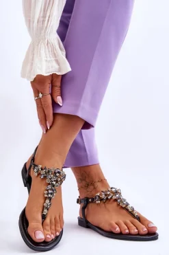 Boto Damskie Sandały Japonki Z Kamieniami Czarne Lenisa