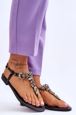 Boto Damskie Sandały Japonki Z Kamieniami Czarne Lenisa