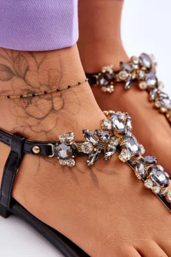 Boto Damskie Sandały Japonki Z Kamieniami Czarne Lenisa