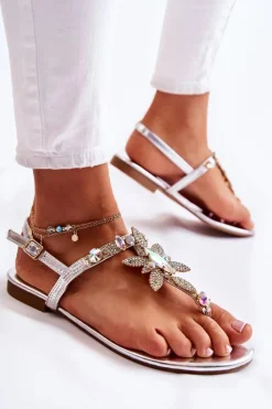 Boto Sandały Płaskie*Damskie Sandały Japonki Z Cyrkoniami Srebrne Fiorene