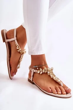 Clearance Boto Damskie Sandały Japonki Z Ozdobnym Paskiem Beżowe Daylight