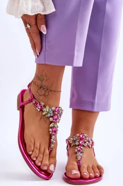 New Boto Damskie Sandały Japonki Z Kamieniami Fuksja Lenisa