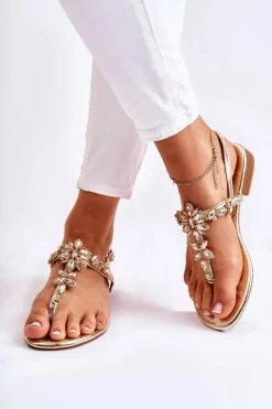 Boto Sandały Płaskie*Damskie Sandały Japonki Z Cyrkoniami Złote Solea