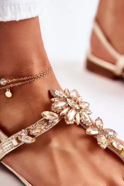 Boto Sandały Płaskie*Damskie Sandały Japonki Z Cyrkoniami Złote Solea