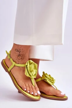 Boto Sandały Płaskie*Damskie Sandały Japonki Z Materiałową Różą Limonkowe Carisma