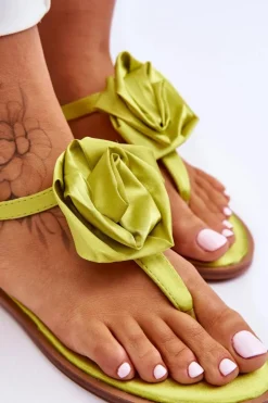 Boto Sandały Płaskie*Damskie Sandały Japonki Z Materiałową Różą Limonkowe Carisma