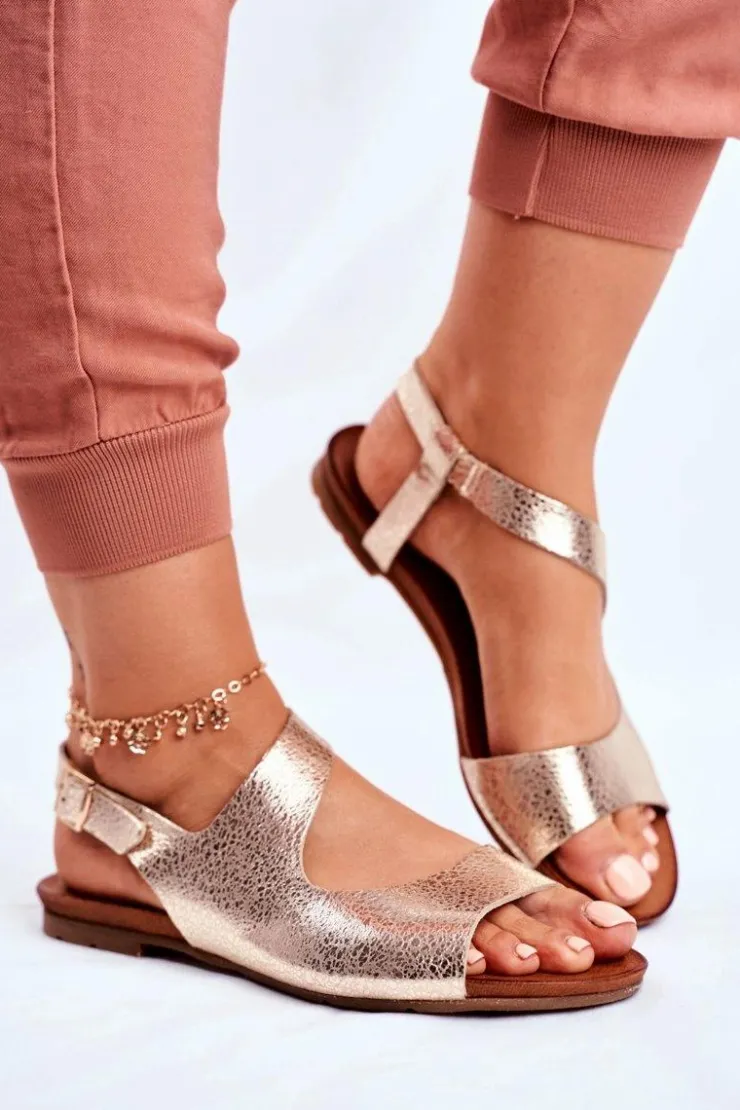 Laura Messi Sandały Płaskie*Damskie Sandały Skórzane 1116 Snake Złote Vollare