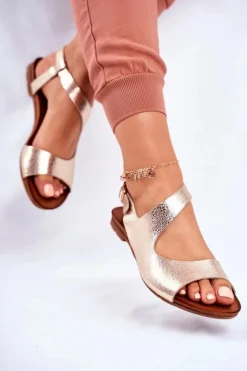 Laura Messi Sandały Płaskie*Damskie Sandały Skórzane 1116 Snake Złote Vollare