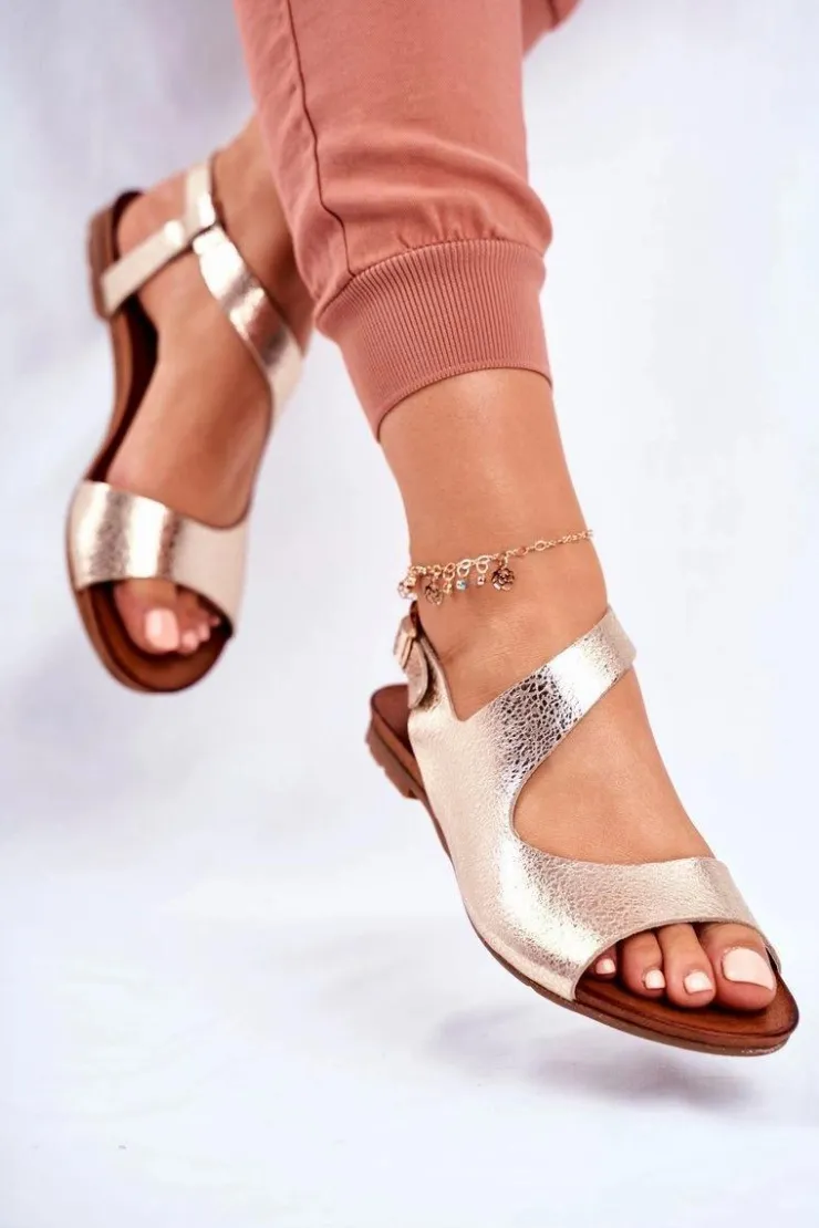 Laura Messi Sandały Płaskie*Damskie Sandały Skórzane 1116 Snake Złote Vollare