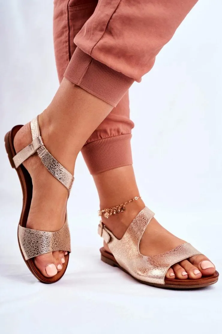 Laura Messi Sandały Płaskie*Damskie Sandały Skórzane 1116 Snake Złote Vollare