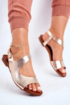 Laura Messi Sandały Płaskie*Damskie Sandały Skórzane 1116 Snake Złote Vollare