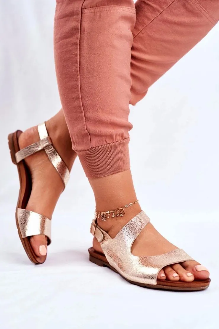 Laura Messi Sandały Płaskie*Damskie Sandały Skórzane 1116 Snake Złote Vollare