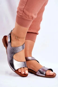 Laura Messi Sandały Płaskie*Damskie Sandały 1116 Skórzane Metaliczne Vollare