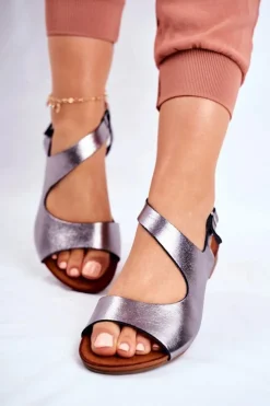 Laura Messi Sandały Płaskie*Damskie Sandały 1116 Skórzane Metaliczne Vollare