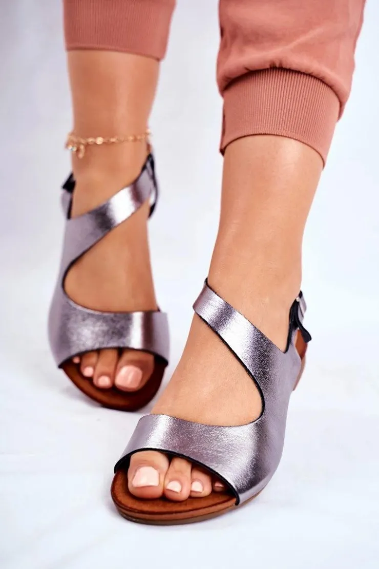 Laura Messi Sandały Płaskie*Damskie Sandały 1116 Skórzane Metaliczne Vollare