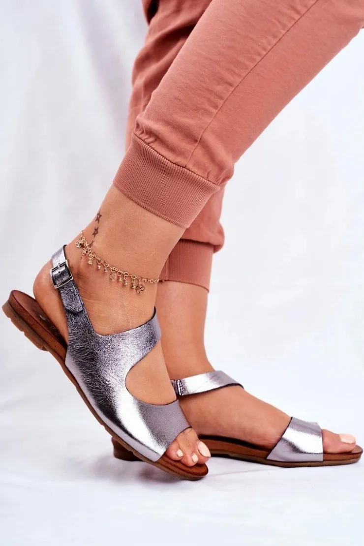 Laura Messi Sandały Płaskie*Damskie Sandały 1116 Skórzane Metaliczne Vollare