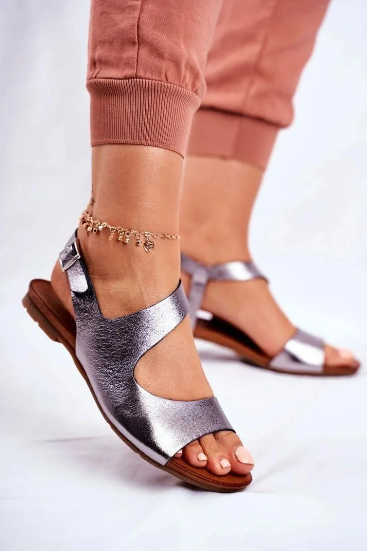 Laura Messi Sandały Płaskie*Damskie Sandały 1116 Skórzane Metaliczne Vollare