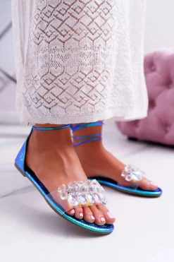 Boto Sandały Płaskie*Damskie Sandały Lu Boo Kryształy Niebieskie Madina