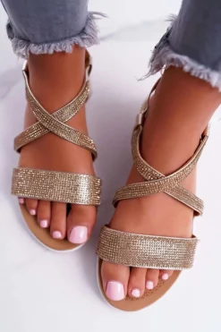 Boto Sandały Płaskie*Damskie Sandały Lu Boo Z Cyrkoniami 406-5 Złote Stella